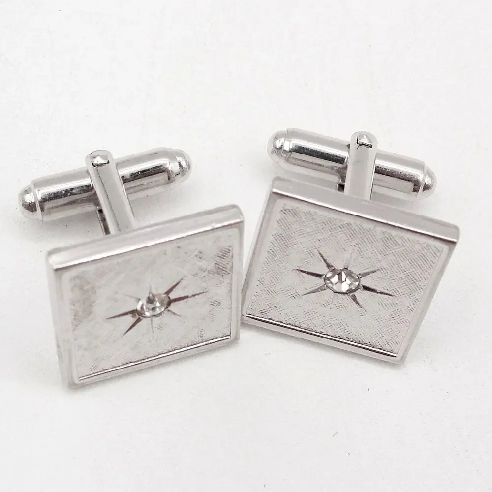 Vintage Anson Silver Tone Square Cufflinks Starburst Clear Rhinestone Atomic MCM
